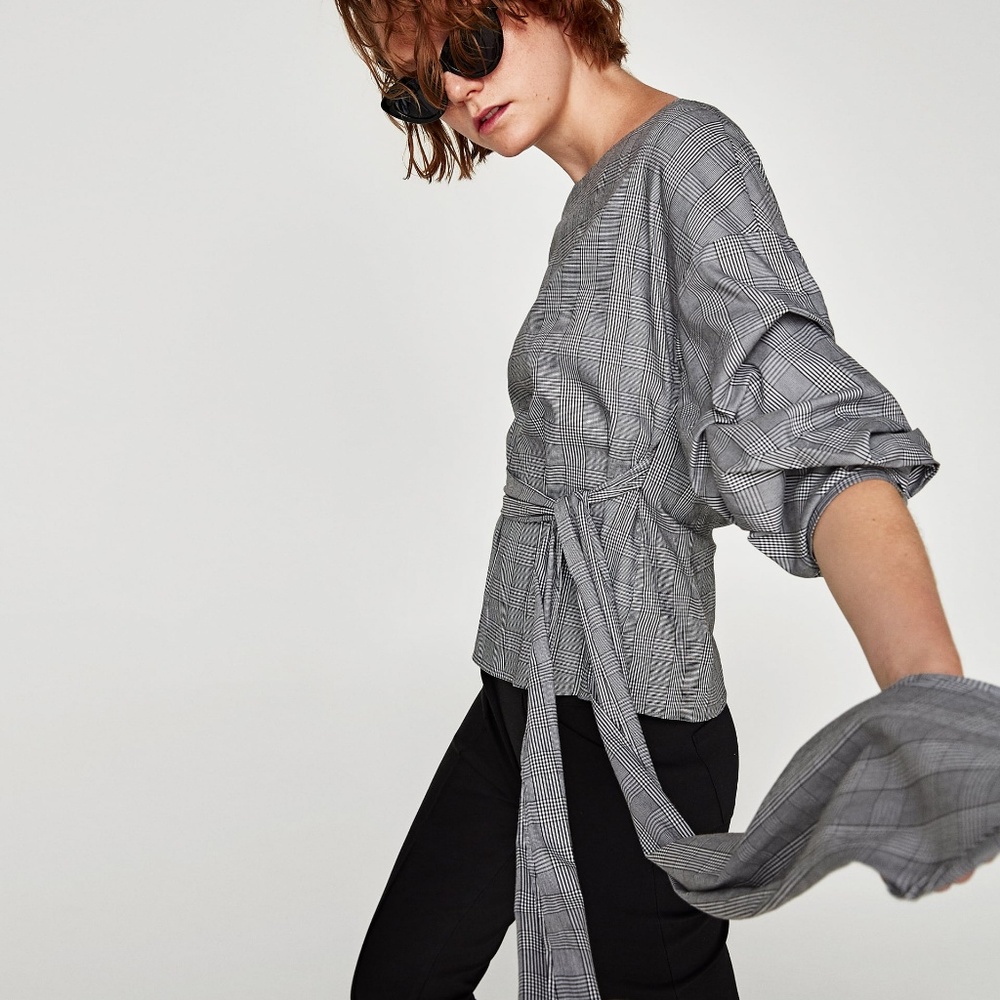 NWT Zara Size S Plaid Ruched Wrap Blouse - Picture 6 of 7